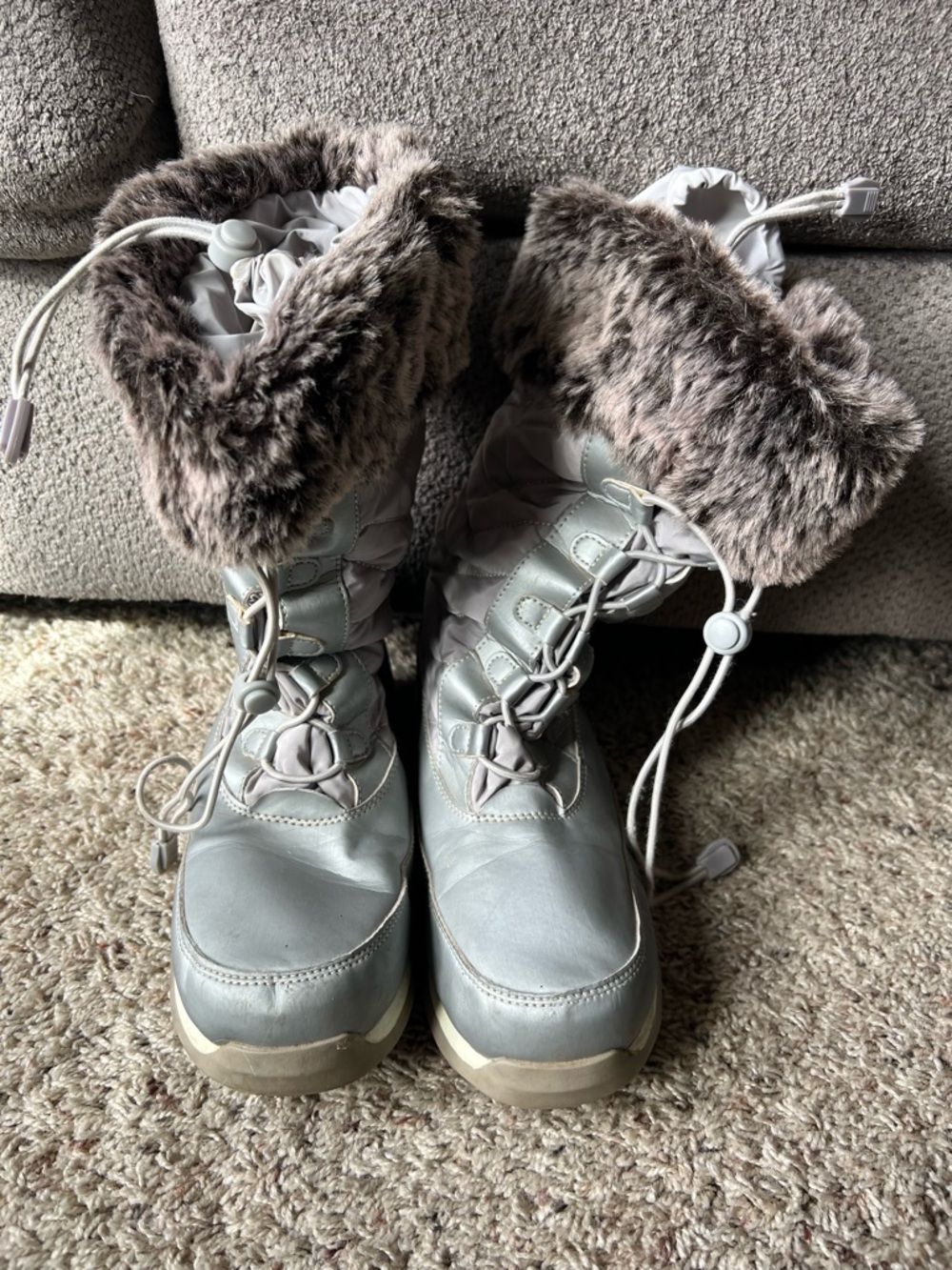 Lands' End Kids Light Gray Faux-Fur Trim Snow Boots